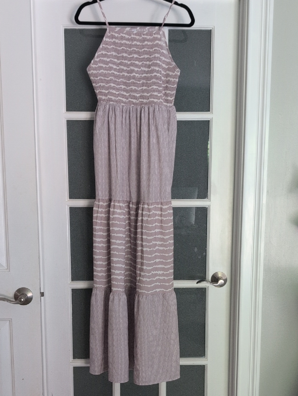 Women's Tan And White Striped Maxi Dress with Spaghetti Straps